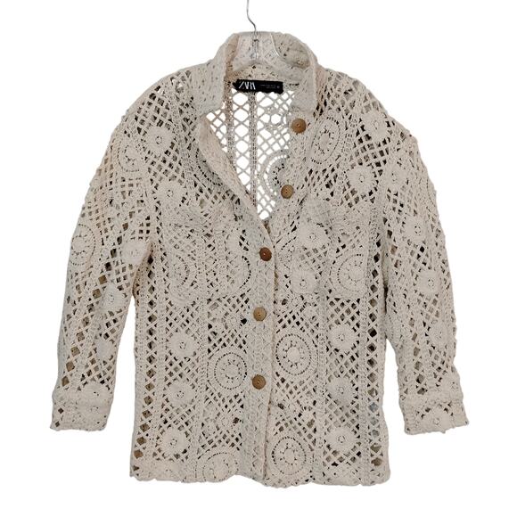 Zara Ecru Crochet Cardigan Coat Size XS Beige Button Down Collared Patch Pockets - Picture 4 of 8
